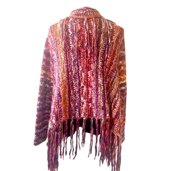 Free People Birkenstock Red Multi Boho Fringe Open Cardigan Sweater L - Picture 2 of 5